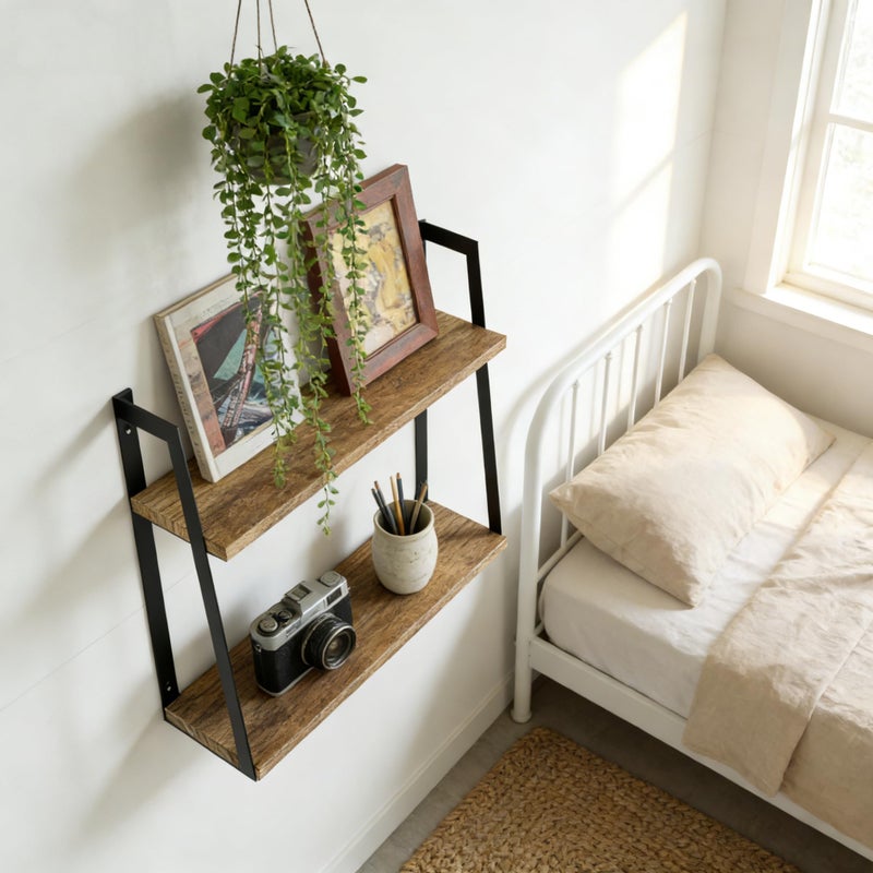 SRIWATANA Floating Wall Shelves, 2-Tier Rustic Wood Shelves for Bedoom, Bathroom, Living Room, Kitchen(Carbonized Black) - Image 3